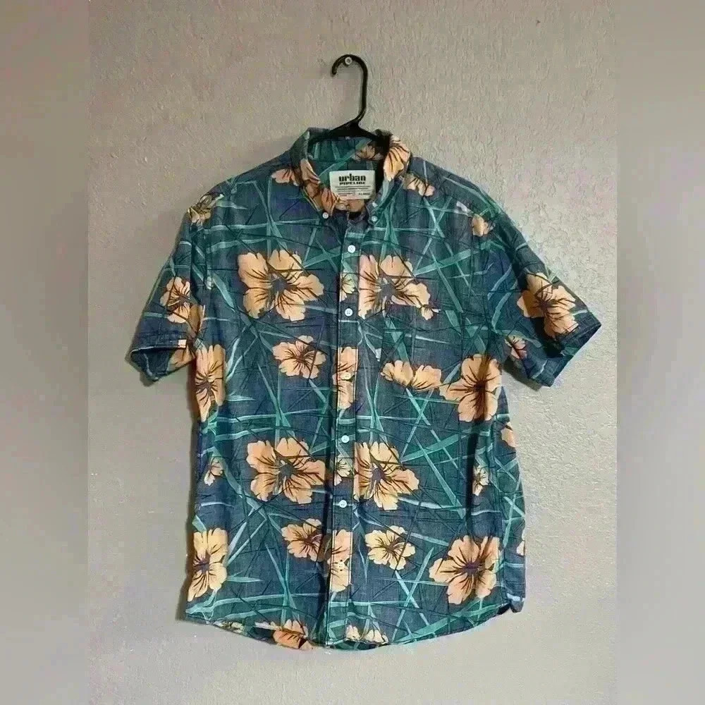 Urban Pipeline‎ Men's Hawaiian Shirt X- Large Blue Peach Floral Print